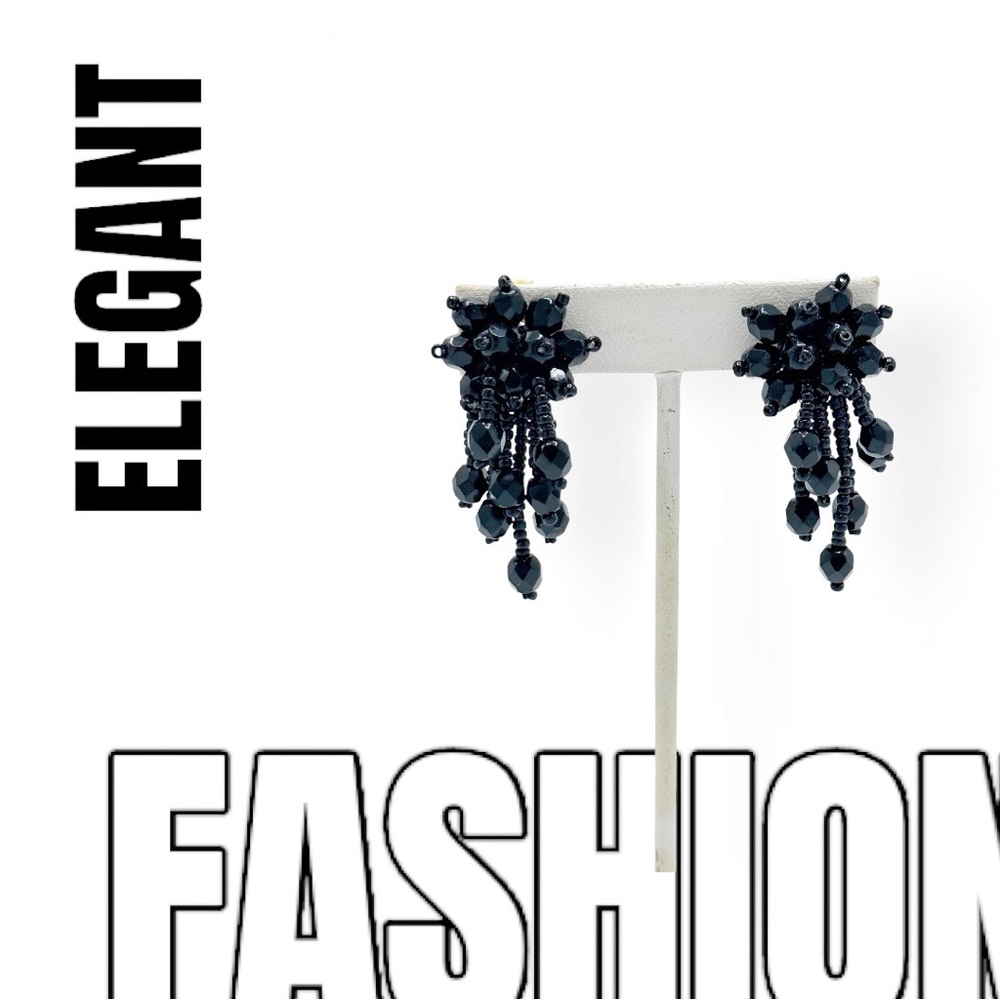Beaded Black Clip On Floral Earrings